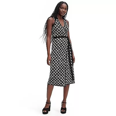 Women's Collared Sleeveless Vintage Weave Neutral Sweaterknit Midi Wrap Dress - • $12.99