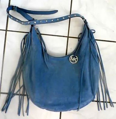 NWT Michael Kors Large Rhea Slouchy Shoulder Bag Purse Fringe Blue Suede Boho • $239