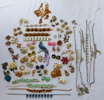 Vtg 60s 70s JEWELRY LOT Rhinestone Plastic Crystal Pins Necklaces Earrings 65+ • $58