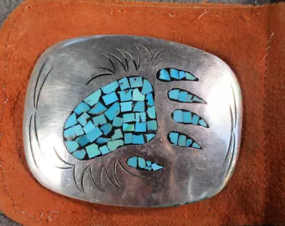 Bear Paw Belt Buckle Silver Turquoise Inlaid Signed Southwest Western Cowboy • $49.99