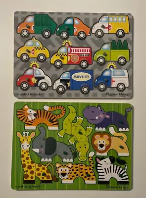 Melissa & Doug NWOT Lot Of 2 Chunky Wood Cars Animals Puzzles W/ Knobs • $25.74