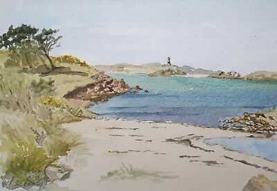 Framed Original Watercolour Isles Of Scilly Beach Landscape Lighthouse R Parry • £29.99