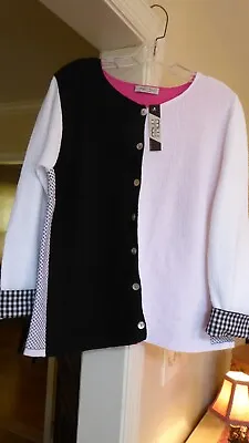 Margaret Winters Cardigan Sweater Black White Pink With Gingham Women's Small • $24