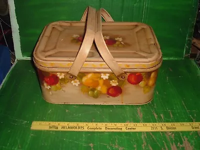 Metal Bread Box Picnic Basket Vintage Metal Tin  Floral Fruit  Bread Box Tin • $59