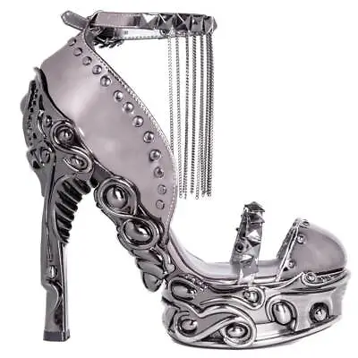 Hades Silver EROS Studs Chains 6  High Ornate Chrome Heels Platform Ankle Strap • $169