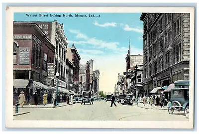 Walnut Street Looking North Cars Stores Shop View Muncie Indiana IN Postcard • $14.98