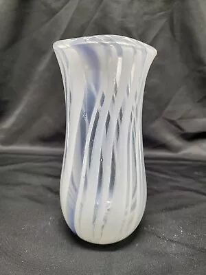 Vintage Hand Blown Art Glass White/Blue Swirl Vase 17cm Tall Signed J Walsh 83 • $44.95