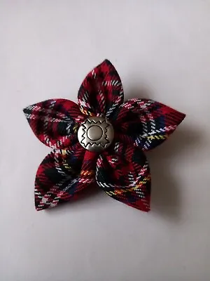 RED TARTAN FABRIC BROOCH/BUTTONHOLE. SILVER STYLISED THISTLE DESIGN CENTRE. 7cm  • £4.75