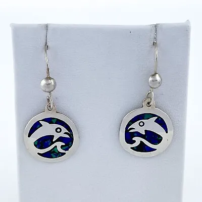 Vintage Mexico Taxco TM-08 Sterling Silver 925 Dolphin Wave Azurite Earrings • $28