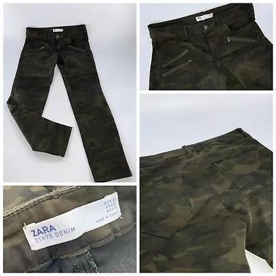 Zara Z1975 Denim Jeans Pants Sz 8 Green Camo Cotton Moto Pockets YGI D2-314 • $49.99