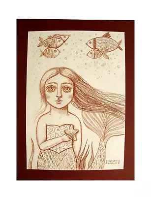 Original & Mexican Folk Art.  MERMAID WITH FISH . Drawing Oil Pencil. 7.5 X10  • $29.50