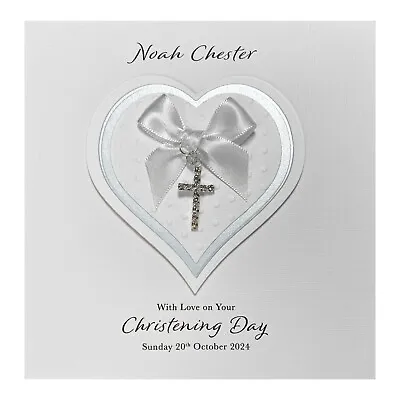 £6.85 • Buy Handmade PERSONALISED Christening Card - Diamanté Cross Charm Heart Blue