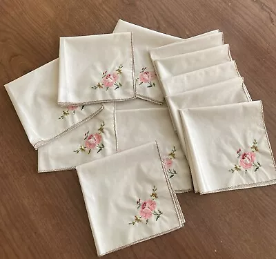 12 Vintage Linen Napkins Hand Cross Stitch Embroidery Applique 16x16 Flower • $52.99