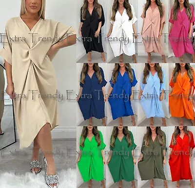 Womens Ladies V-Neck Tie Knot Twist Front Oversized Long Summer Smock Midi Dress • £13.99