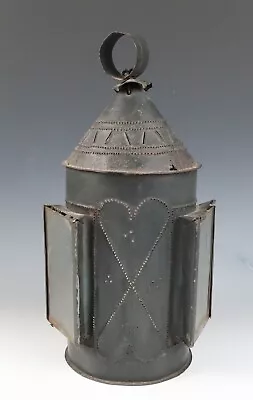 Early Antique Punched Tin & Glass Candle Lantern Primitive American Folk Art • $708.46