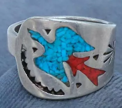 Vtg Navajo Zuni Turquoise Coral Thunderbird Sterling Silver Ring 9.8g Sz 9 Sv2 • $11.50