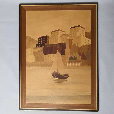 Wood Marquetry Picture Sailboat Coastal View 16 X11.75  - Seaside Ocean Plaque • $32