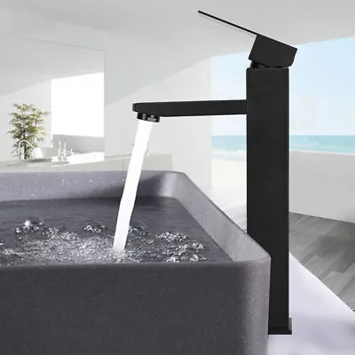 UK Modern Tall Faucet Counter Basin Mixer Tap High Rise Bathroom Sink Matt Black • £14.89