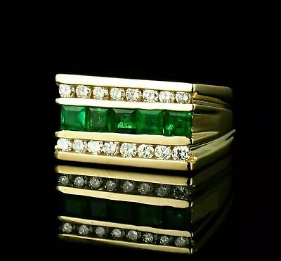 1.46ctw Princess Cut Natural Emerald & Diamond Men's  Ring Solid 10k Yellow Gold • $1184.99
