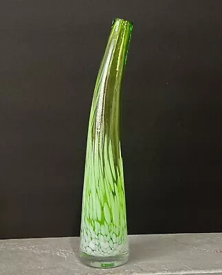 Tall 13” Stretched Green & White Hand Blown Art Glass Curved Neck Vase Excellent • $9