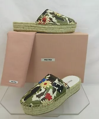 Miu Miu Prada 5s787c Green Floral Cracked Leather Logo Espadrilles Mules 37.5 • $279