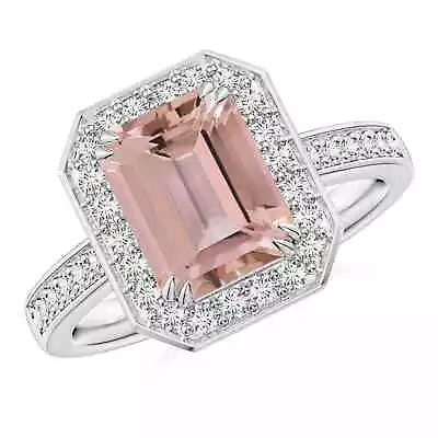 ANGARA Emerald-Cut Morganite Engagement Ring With Diamond Halo • $2841.52