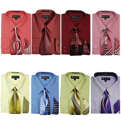 Men's Dress Shirt With Matching Tie And Handkerchief Set 8 Colors Size 15~20  • $18.99