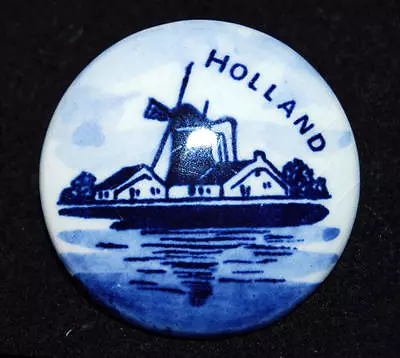 Vintage Delft Hand Painted Holland Windmill Blue & White Porcelain Round Pin • $14.99