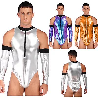 Mens Patent Leather Astronaut Costume Outfits High Cut Bodysuit With Oversleeve • $13.10