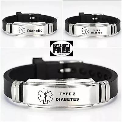 Diabetes Diabetic Type 1 2 Medical Alert Bracelet Stainless Steel Adjustable • £5.99