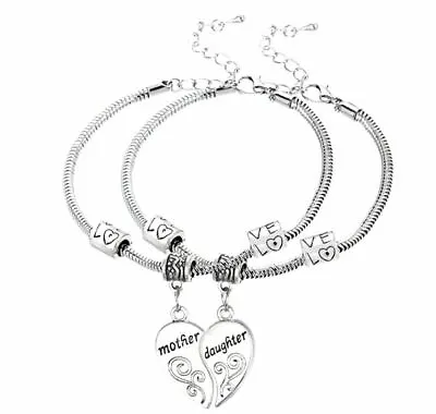 Silver Bracelets Mother Daughter Heart Charm Jewelry Mom Pair Set Of 2 Gift • $18.99