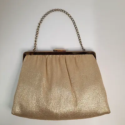 Vtg Ande' Gold Glitter Clutch Top Handlle Purse Metal Chain Strap Holiday NYE • $24.97