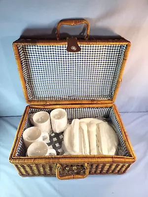 Wicker Suitcase Picnic Basket Rattan 1960's Plastic Serving Set For 4 Tablecloth • $59.99