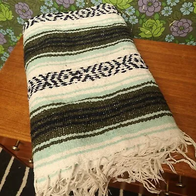 £18.99 • Buy Green Mint Mexican Woven Stripy Falsa Yoga Beach/Picnic Blanket / Throw