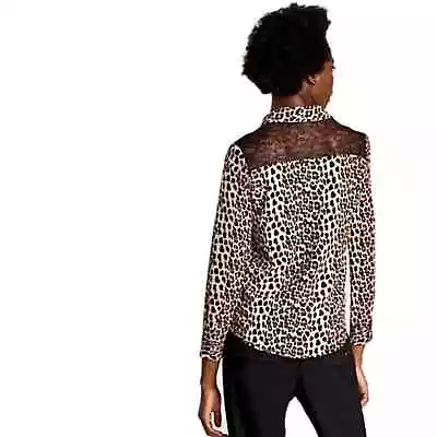 Zara Blouse Leopard Print Tan Black Lace Animal Button Front Long Sleeve Women M • $20