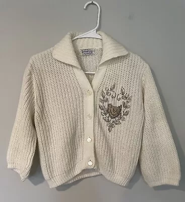 British Vogue Beaded Cream Cardigan Sweater Small Vintage Made In USA Pocket • $32.99