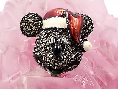 Sterling Silver Disney Mickey Mouse Head Brooch W/ Marcasite Enamel Works • $21.50