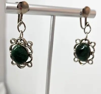 Vintage JADE SCREW BACK DANGLE EARRINGS- Silver Tone Natural Dark Green Stone • $12.99