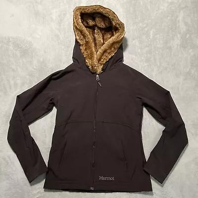 MARMOT Furlong SoftShell Jacket Womens Small Faux Fur Hood Black Jogging Coat • $35