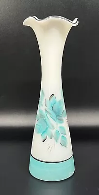 Vintage Milk Glass Floral Bud Vase Hand Painted Aqua Turquoise Flowers Fluted • $24