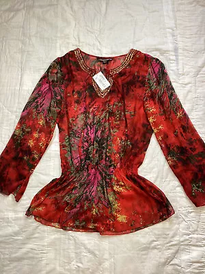 NWT Mushka By Sienna Rose Red Abstract Beaded Peplum Semi Sheer Boho Blouse L • $29.99