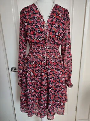 £15 • Buy 🎀wal G London Red Floral Print Chiffon Dress Size 6/8 Lining Long Sleeve Fit/fl