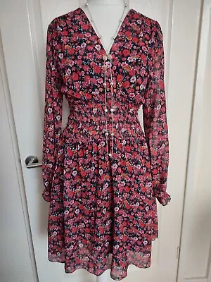 🎀wal G London Red Floral Print Chiffon Dress Size 6/8 Lining Long Sleeve Fit/fl • £15