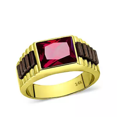 14k Yellow Gold Mens Ring Red Rectangle Ruby Gemstone Band Ring For Men All Sz • $724