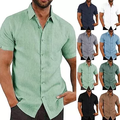 Mens Cotton Linen Shirt Summer Short Sleeve Casual Loose Button Down Tops Blouse • $19.18