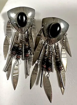 Rare Tabra Sterling Onyx Red Jasper Tribal Feather Dangle Post  Earrings Signed • $195