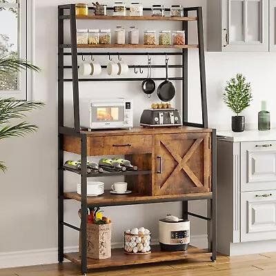 Baker's Rack Coffee Bar Cabinet Farmhouse Microwave Stand With Wine Rack • $129.97