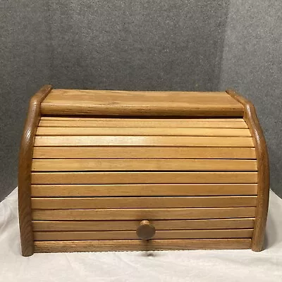 Vintage Retro Bread Box Keeper Wooden Roll Top Saver Large Nice Solid Wood Heavy • $27.49