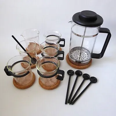 Boxed Vintage Bodum Bistro Set Coffee Cafetiere & 4 Glass Cups Black 1980s K1590 • £32