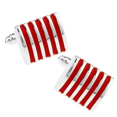 £19.99 • Buy Premium Red Silver Stripe Cufflinks Novelty Rectangle Shirt Cuff Links UK